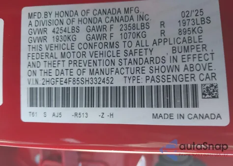 2025 Honda Civic Hybrid Sport/Sport Touring из США, поврежденный, VIN 2HGFE4F85SH332452